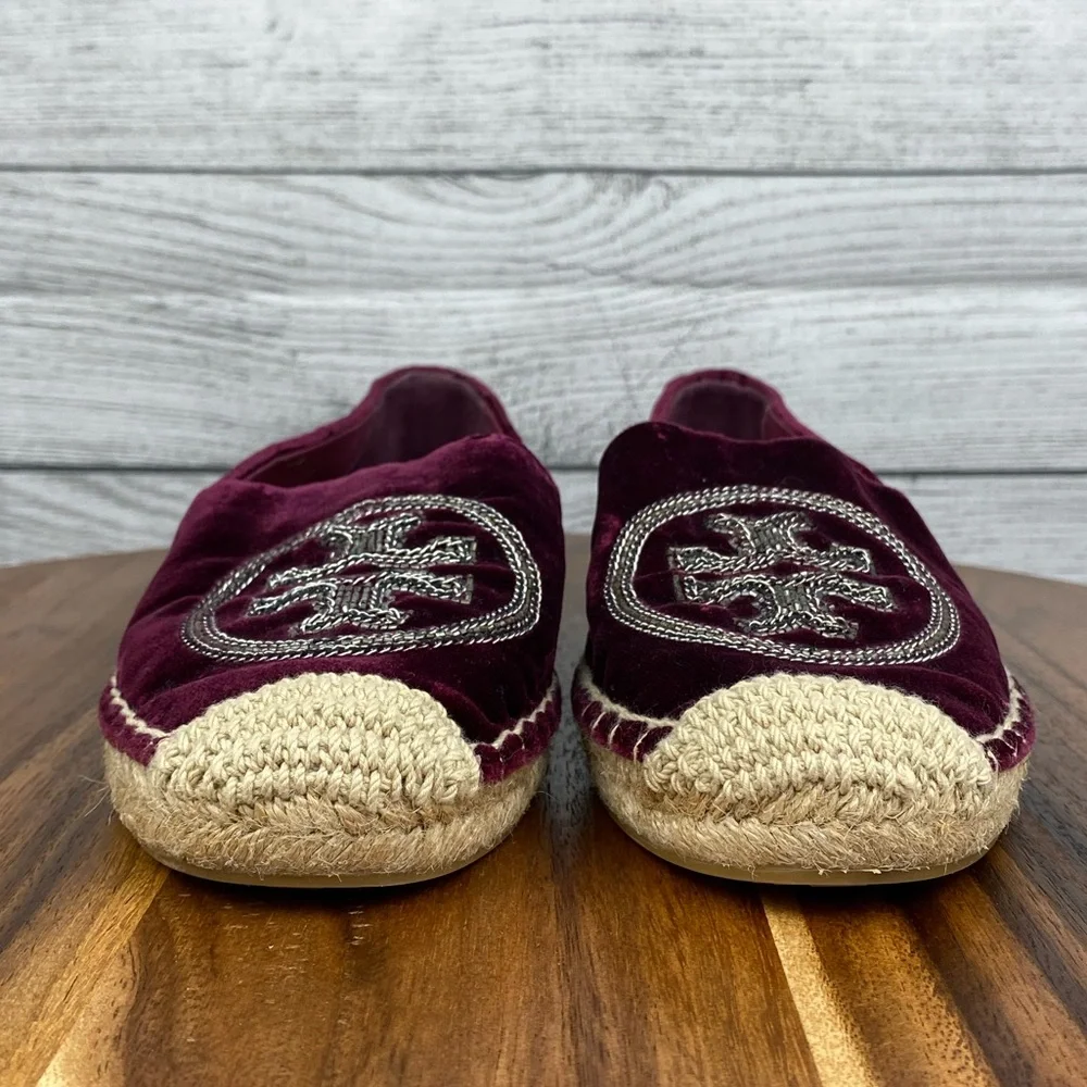 Tory Burch Chain Logo Velvet Espadrilles Bordeaux Purple Flats Women’s Size 6